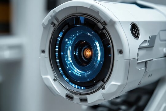 Close-up of a sleek white high-tech security camera lens with glowing blue inner ring and warm amber aperture, conveying precision and vigilant monitoring