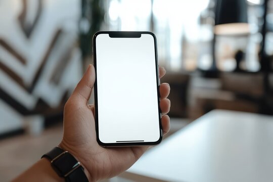 close-up of a hand holding a smartphone with a blank white screen and a smartwatch visible, blurred modern interior workspace in the background, calm focused mood