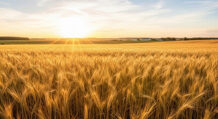 Golden wheat field bathed in the warm, bright sunlight of a setting sun during a beautiful summer evening in the countryside, creating a serene and abundant agricultural landscape