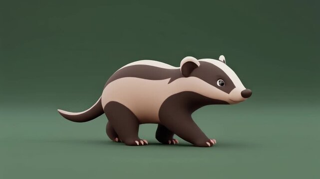 A cute 3D rendered cartoon badger with black and white stripes walking on a plain green background.
