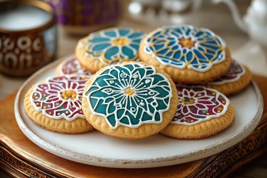hand-decorated round sugar cookies with intricate teal and burgundy mandala icing on a white plate with teacup in a cozy elegant tea setting