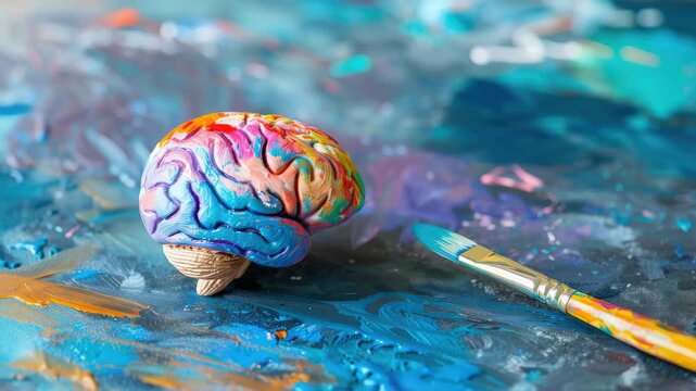 Colorful brain sculpture and paintbrush on abstract canvas