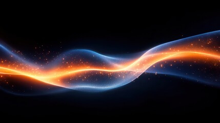 intertwined glowing blue and orange light ribbons with sparkling particles on a dark background conveying dynamic energy and futuristic motion