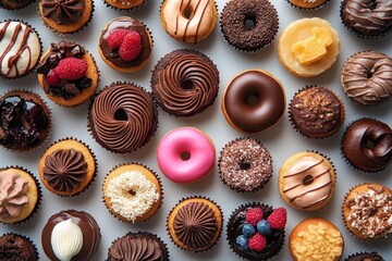 assorted cupcakes and doughnuts with chocolate swirls, colorful glazes, sprinkles, nuts and fresh berries arranged in a neat grid on white background, tempting and playful