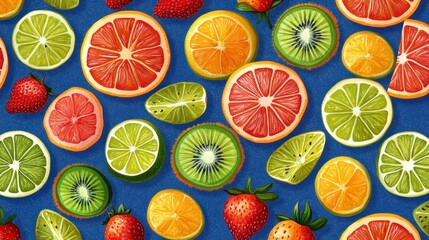Vibrant summer pattern of sliced grapefruits, oranges, limes and kiwis with whole strawberries on a cheerful blue background