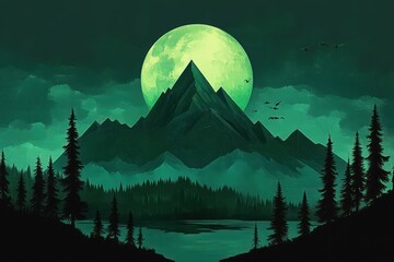 jagged mountain peaks silhouetted against a glowing green full moon above misty pine forests and a reflective lake with flying birds, evoking a serene mysterious atmosphere