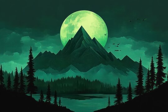jagged mountain peaks silhouetted against a glowing green full moon above misty pine forests and a reflective lake with flying birds, evoking a serene mysterious atmosphere