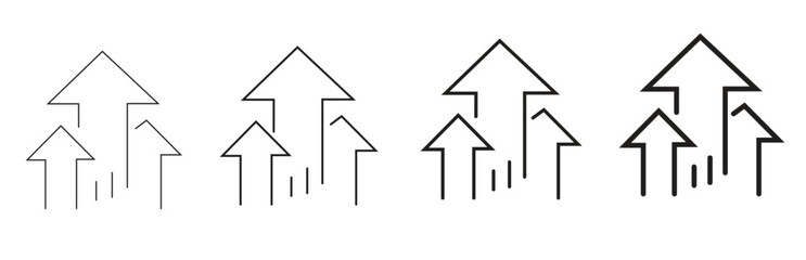 A set of four upward pointing arrow icons representing growth progress and success isolated on a white background showcasing different stroke weights for versatile design applications