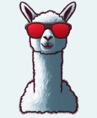 Naklejka premium playful fluffy white llama portrait wearing red sunglasses with a cool confident smile