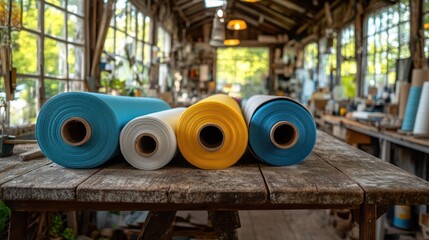 Colorful rolls of fabric on rustic workbench, workshop setting