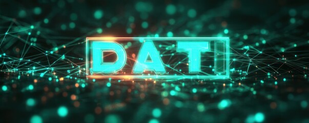 glowing cyan and orange neon letters dati in a holographic rectangular frame floating above a dark surface of interconnected glowing nodes and lines, evoking futuristic technological wonder