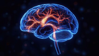 Translucent glowing human brain with vivid orange neural pathways and electric signals flowing through brainstem and cerebellum, conveying dynamic energy and active cognition