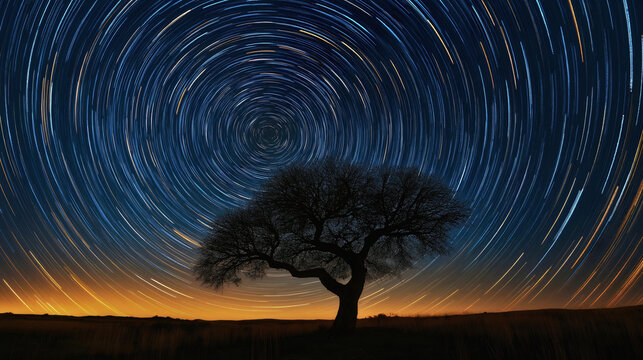 Night sky star trail with tree silhouette, long exposure time lapse astronomy, rotating cosmic landscape view, dark blue orange celestial motion blur