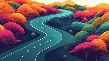 A winding road through a colorful forest with vibrant trees and hills in the background.