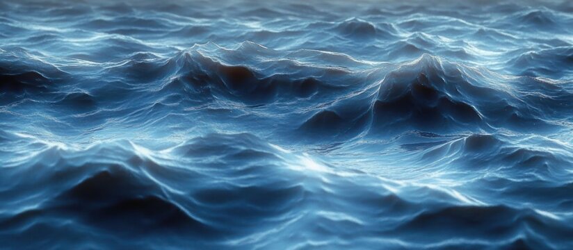 Close-up view of dark blue ocean waves with luminous highlights and rippling textured surface, conveying a moody, serene and powerful atmosphere
