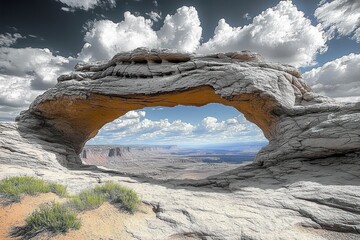 massive natural stone arch framing a vast desert canyon and distant mesas beneath a dramatic cloud-filled sky, rocky foreground with sparse shrubs evoking awe and solitude