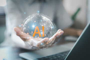 Businessman hand holding virtual global world with AI text. Concept of artificial intelligence technology, future digital network connection, and smart business data innovation strategy.