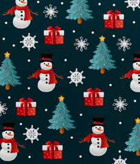 christmas background with snowman and gifts