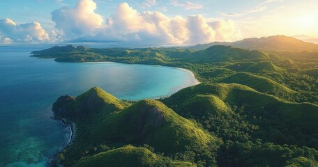 Fototapeta premium Aerial view of rolling green hills and turquoise bay with sandy beach under a dramatic cloud-filled golden sky, evoking tranquil awe