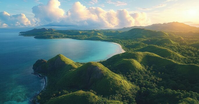 Aerial view of rolling green hills and turquoise bay with sandy beach under a dramatic cloud-filled golden sky, evoking tranquil awe