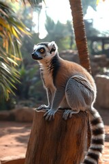 Naklejka premium Alert ring-tailed lemur perched on a weathered stump in a sunlit tropical setting, calm curious expression with long striped tail
