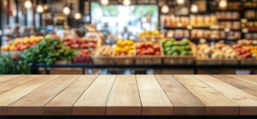 Fototapeta premium empty wooden countertop in front of a blurred colorful grocery produce display with warm bokeh lighting and an inviting fresh market atmosphere