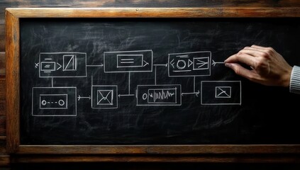 Hand drawing a chalk flowchart on a framed blackboard with boxes, arrows and icons, conveying focused brainstorming and planning