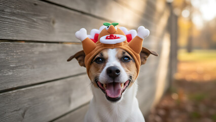 Close-up of a dog with a turkey hat, featuring brown, yellow and red feathers, symbolizing the Thanksgiving holiday celebration, fun and festivity, Thanksgiving / Autumn Holiday Animal