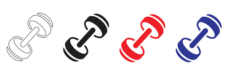 Multiple variants of modern fitness dumbbell icons, ideal for gym apps, workout designs, health promotion, and exercise programs, isolated on transparent background.