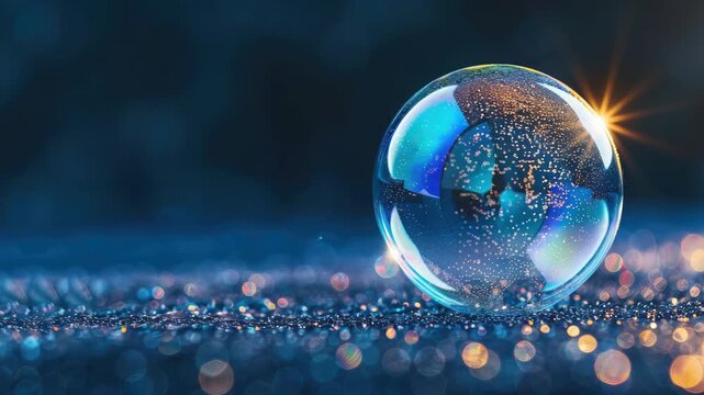 Close-up of crystal ball on glittery surface with colorful reflections