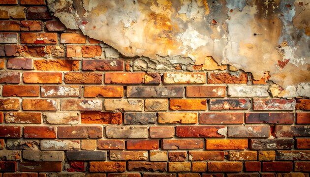 Weathered brick wall with peeling plaster. Shows age and texture, color variations