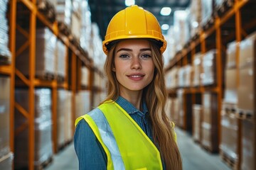 warehouse worker in yellow hard hat and high visibility vest standing confidently in aisle of pallet racked warehouse