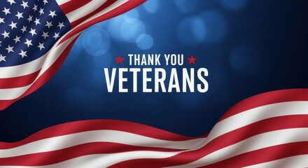Thank you veterans text message over a dark blue background with bokeh effect, framed by waving american flag elements in the corners, honoring military service members