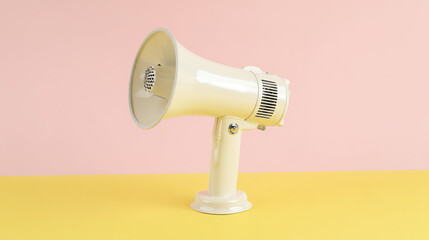 declaration. Classic announcement device on simple pastel backdrop, product launch decks, UI/UX mockups, data dashboards, designed for product launches and innovation pitches, used by researchers.
