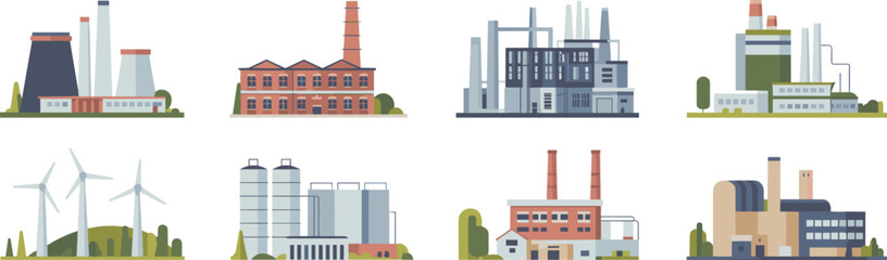 Obraz premium Industrial factory buildings and manufacturing plant illustrations, modern industry production icons, energy facilities set with environmental elements, vector design collection