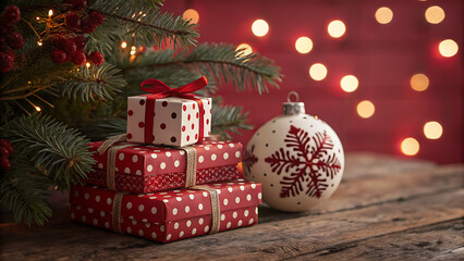 Stack of red and white polka dot christmas gifts by tree