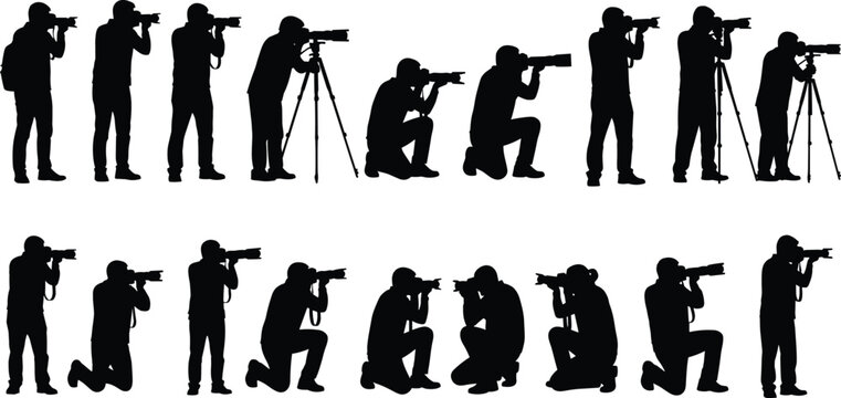Large set of black silhouette vector icons showing professional photographers and photojournalists in various poses, standing, kneeling, and using tripods and telephoto lenses to capture images.