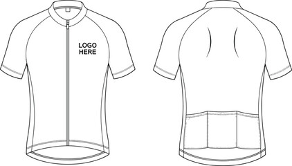 Short sleeve cycling jersey technical flat sketch, front and back view with rear pockets, vector illustration for sportswear design