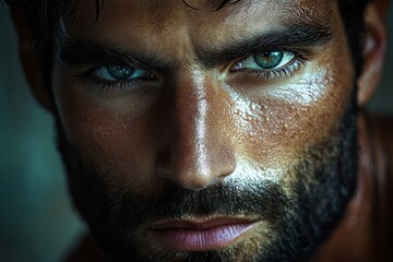 Obraz premium close-up split portrait of a bearded man showing wet skin, ear and jawline with an intense, moody, brooding expression in dramatic low light