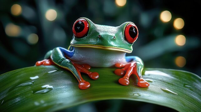 close-up of a red-eyed tree frog perched on a wet green leaf with bright orange toes and glossy water droplets, curious alert expression against a soft bokeh background - Powered by Adobe