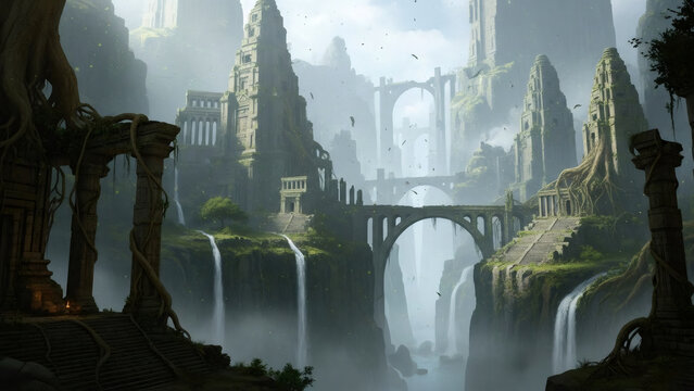 Enchanting ancient elven city ruins with waterfalls and bridges in a mystical forest.