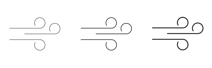 Multiple variants of simple line art wind icons, symbolizing air current, breeze, weather, and dynamic movement, presented as a versatile set isolated on transparent background.
