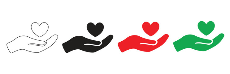 Set of hand holding heart icons representing charity love care kindness support and donation symbol isolated on white background in various styles and colors