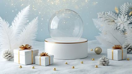 Winter holiday scene with empty snow globe and gift box display
