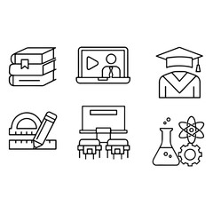 6 Education and STEM Line Icons Set
A clean set of 6 black-and-white line icons representing books, online learning, graduation, STEM, and classroom tools. Perfect for apps, websites, and educational 