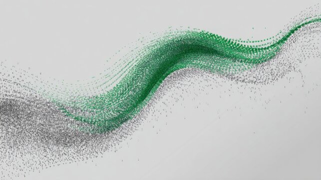 A flowing wave of green and black dots creates a dynamic, abstract pattern on a light gray background.