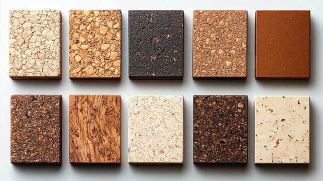 Two rows of twelve rectangular material sample tiles in warm brown, beige and wood tones on white background, clean orderly layout evoking calm tasteful design