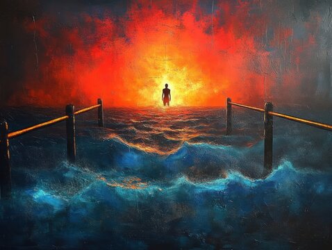 Silhouette walking toward a blazing orange horizon across a turbulent blue sea between wooden posts and rope rails, evoking solitude, awe, and hopeful determination