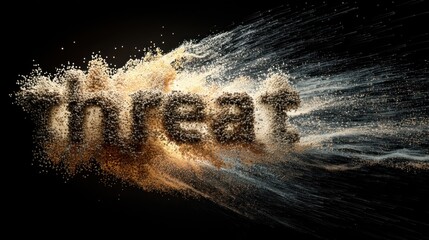 An abstract representation of the word "threat" created with particles, illustrating a dynamic and unsettling concept.