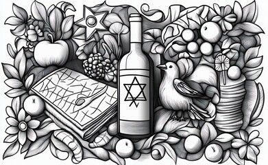 Peaceful ornate monochrome illustration of a wine bottle with a six-pointed emblem, open book, dove, fruit clusters, stacked disks, curved horn, decorative flowers and leaves